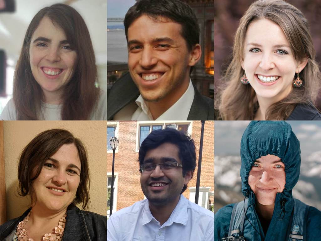 A mosaic of portrait photos of six 2020 - 20201 Cap Sci Comm Board Members: Allie Weill, Cory Warshaw, Victoria Strait, Laura Gore, Pratik Gandhi, Patty Bolan.